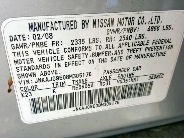 JNKAJ09E08M305176 - 2008 INFINITI EX35 BASE SILVER photo 10