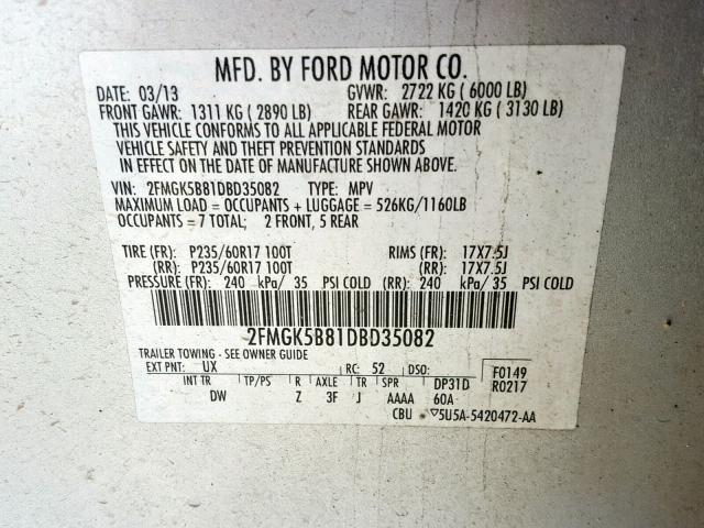 2FMGK5B81DBD35082 - 2013 FORD FLEX SE SILVER photo 10