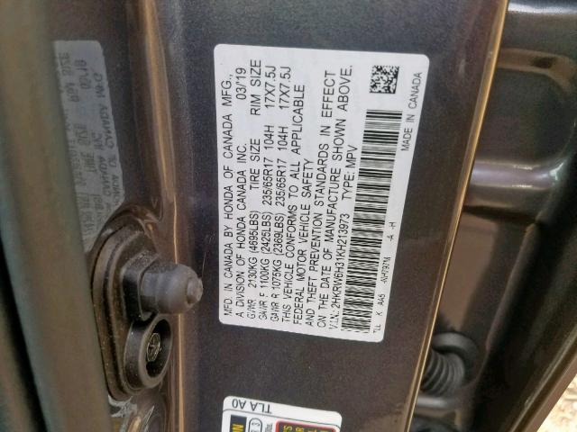 2HKRW6H31KH213973 - 2019 HONDA CR-V LX GRAY photo 10