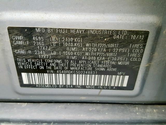 4S4BRDKC5D2248831 - 2013 SUBARU OUTBACK 3. SILVER photo 10