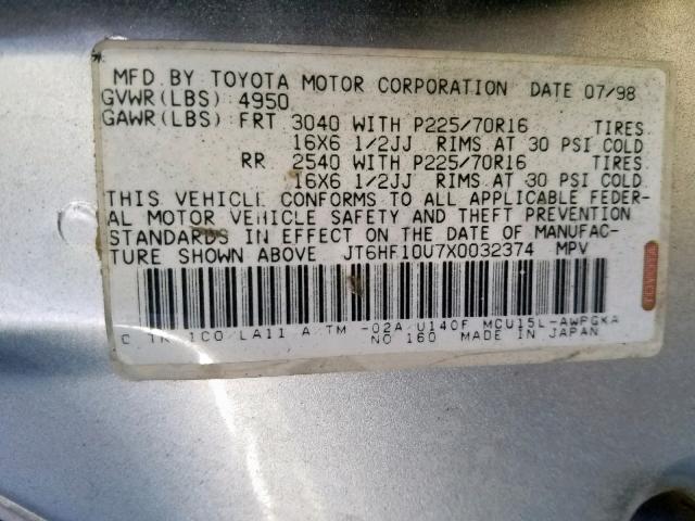 JT6HF10U7X0032374 - 1999 LEXUS RX 300 SILVER photo 10