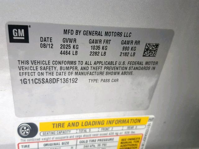 1G11C5SA8DF136192 - 2013 CHEVROLET MALIBU 1LT SILVER photo 10