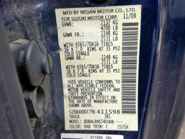 5Z6BD06T79C411598 - 2009 SUZUKI EQUATOR BA BLUE photo 10