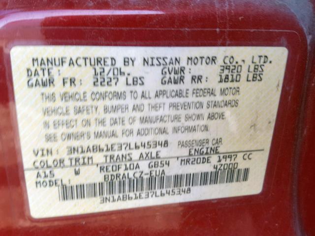 3N1AB61E37L645348 - 2007 NISSAN SENTRA 2.0 RED photo 10