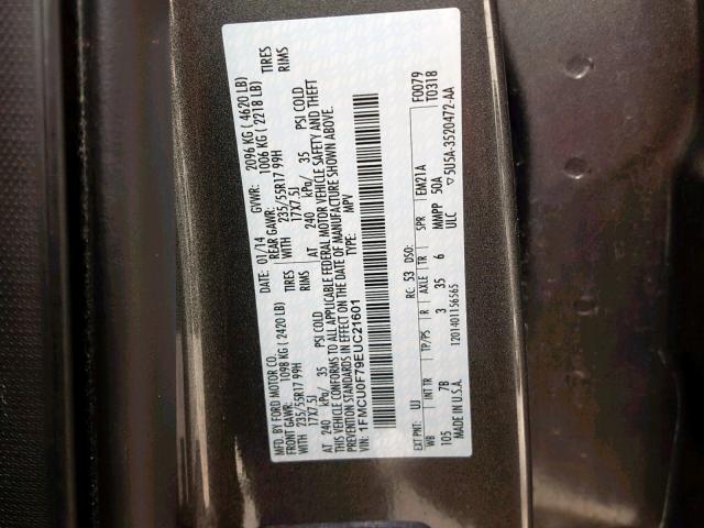 1FMCU0F79EUC21601 - 2014 FORD ESCAPE S GRAY photo 10