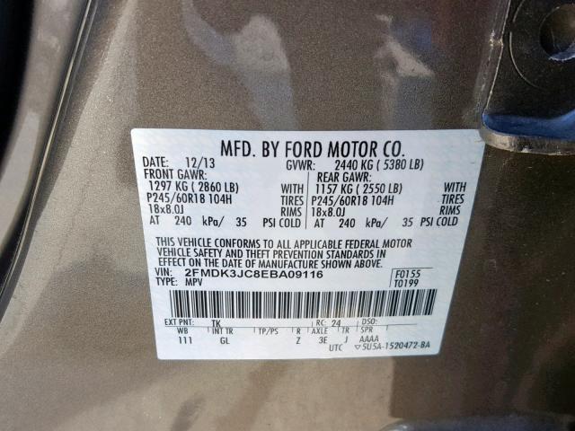 2FMDK3JC8EBA09116 - 2014 FORD EDGE SEL GRAY photo 10