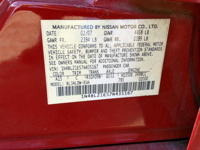 1N4BL21E57N435167 - 2007 NISSAN ALTIMA 3.5 RED photo 10