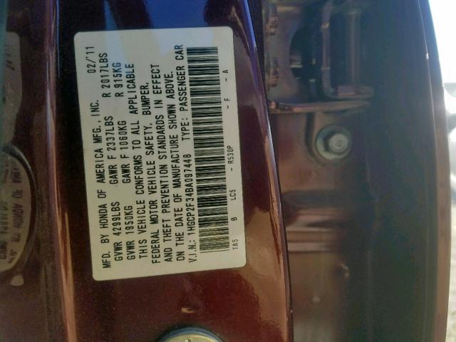 1HGCP2F34BA097448 - 2011 HONDA ACCORD LX BURGUNDY photo 10