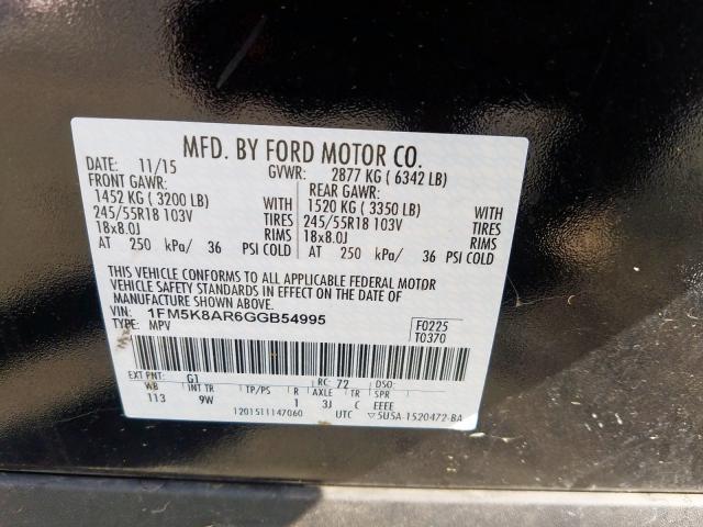 1FM5K8AR6GGB54995 - 2016 FORD EXPLORER P BLACK photo 10