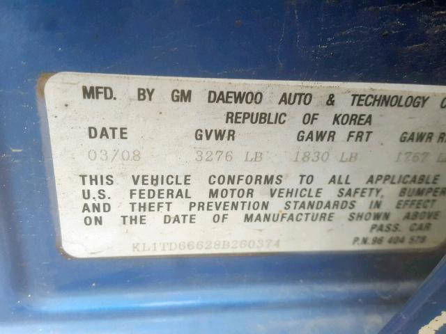 KL1TD66628B260374 - 2008 CHEVROLET AVEO BASE Mavi foto 10