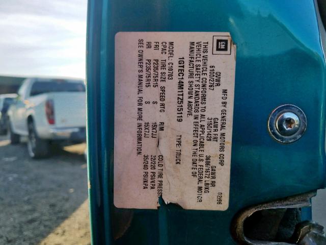 1GTEC14M1TZ515119 - 1996 GMC SIERRA C15 GREEN photo 10