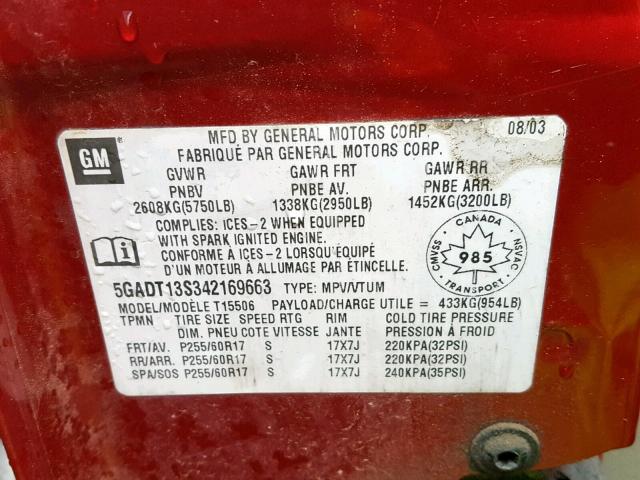 5GADT13S342169663 - 2004 BUICK RAINIER CX RED photo 10