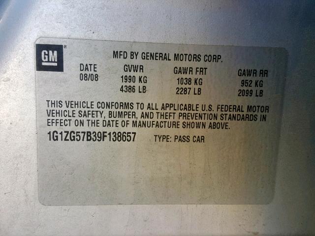 1G1ZG57B39F138657 - 2009 CHEVROLET MALIBU LS SILVER photo 10