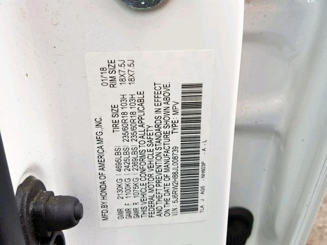 5J6RW2H88JL008739 - 2018 HONDA CR-V EXL WHITE photo 10