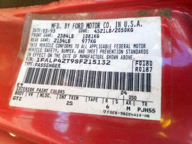 1FALP42T9SF215132 - 1995 FORD MUSTANG GT RED photo 10