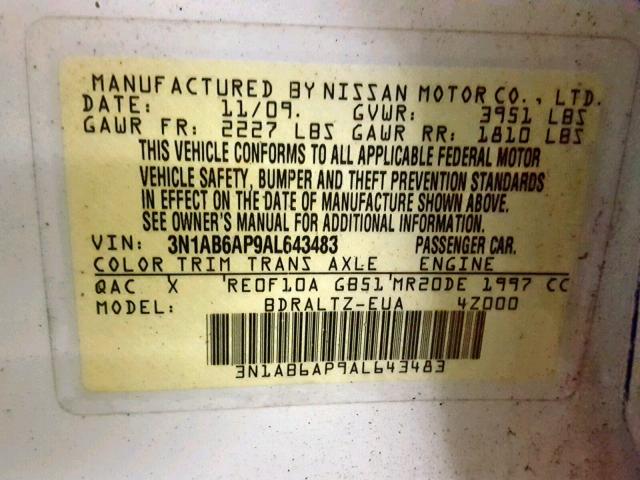 3N1AB6AP9AL643483 - 2010 NISSAN SENTRA 2.0 WHITE photo 10