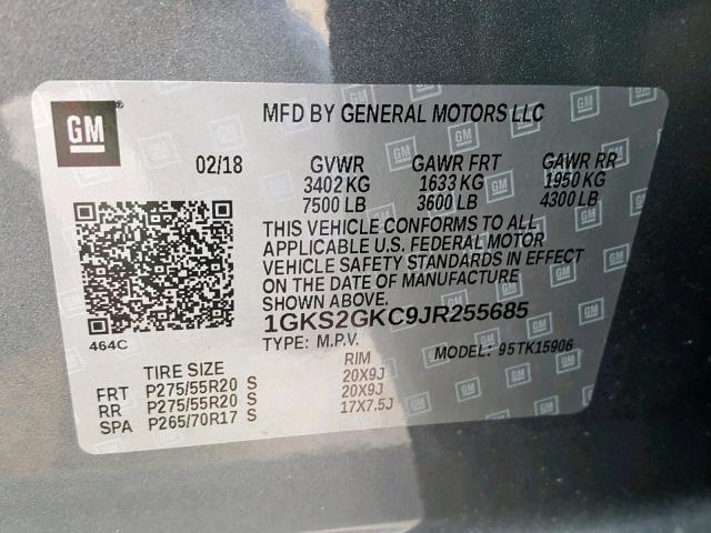 1GKS2GKC9JR255685 - 2018 GMC YUKON XL K GRAY photo 10