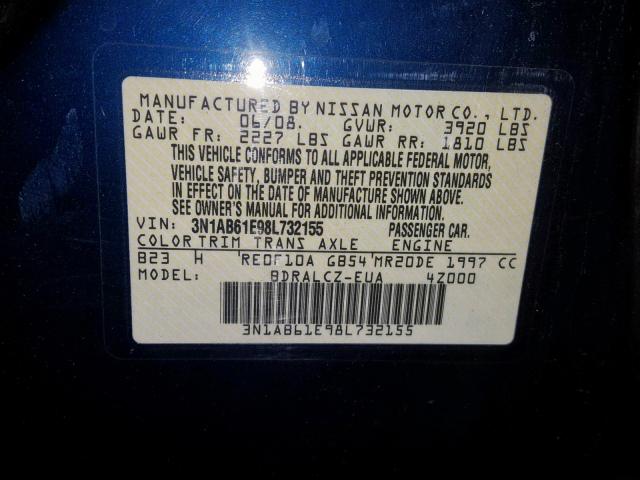 3N1AB61E98L732155 - 2008 NISSAN SENTRA 2.0 BLUE photo 10