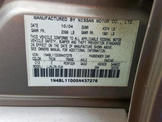 1N4BL11D05N437276 - 2005 NISSAN ALTIMA SE TAN photo 10