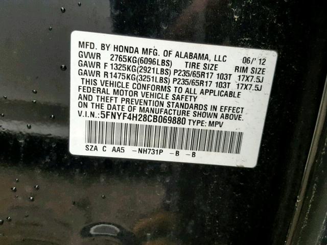 5FNYF4H28CB069880 - 2012 HONDA PILOT LX BLACK photo 10