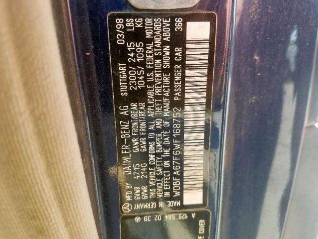 WDBFA67F6WF168752 - 1998 MERCEDES-BENZ SL 500 BLUE photo 10