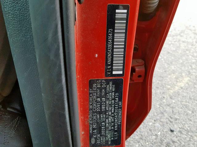 KNADN5A33E6416473 - 2014 KIA RIO EX RED photo 10