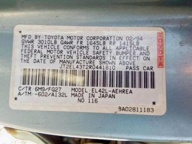 JT2EL43T2R0441810 - 1994 TOYOTA TERCEL DX GRAY photo 10