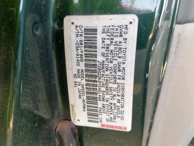 JT2BG22K8Y0461448 - 2000 TOYOTA CAMRY CE GREEN photo 10