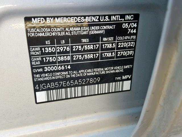 4JGAB57E65A527809 - 2005 MERCEDES-BENZ ML 350 SILVER photo 10