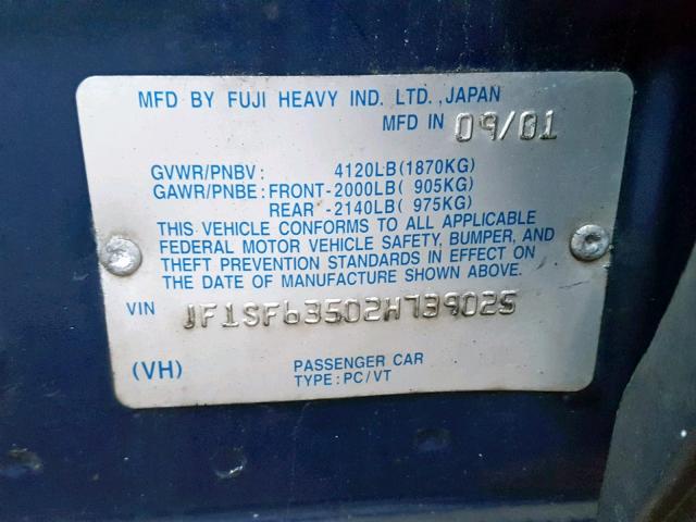 JF1SF63502H739025 - 2002 SUBARU FORESTER L BLUE photo 10