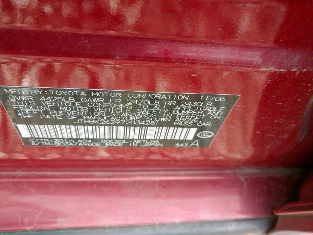 JTHBK262972034281 - 2007 LEXUS IS 250 RED photo 10