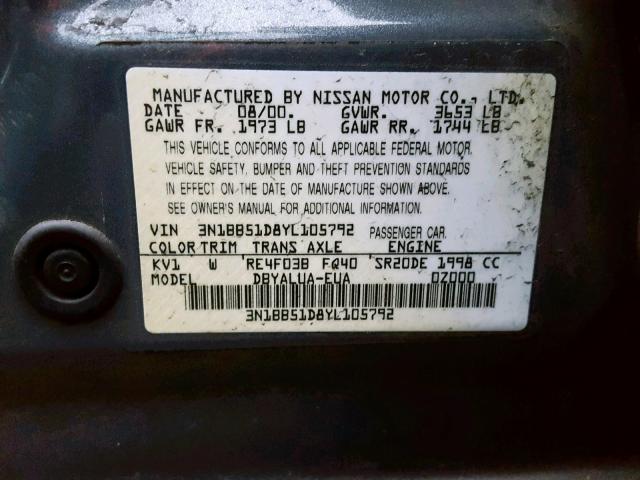 3N1BB51D8YL105792 - 2000 NISSAN SENTRA SE GRAY photo 10