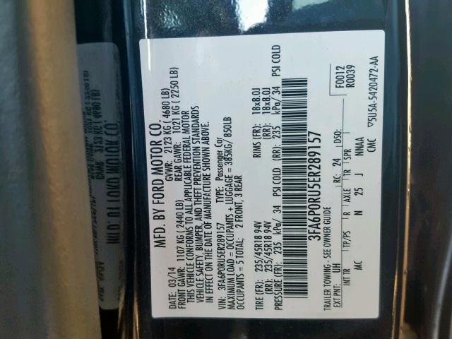 3FA6P0RU5ER289157 - 2014 FORD FUSION TIT BLACK photo 10