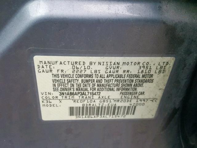 3N1AB6AP3AL715472 - 2010 NISSAN SENTRA 2.0 GRAY photo 10