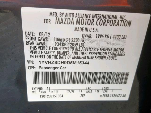 1YVHZ8DH9D5M15344 - 2013 MAZDA 6 TOURING GRAY photo 10