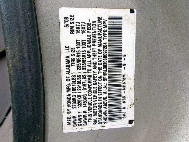 5FNRL38208B097204 - 2008 HONDA ODYSSEY LX SILVER photo 10