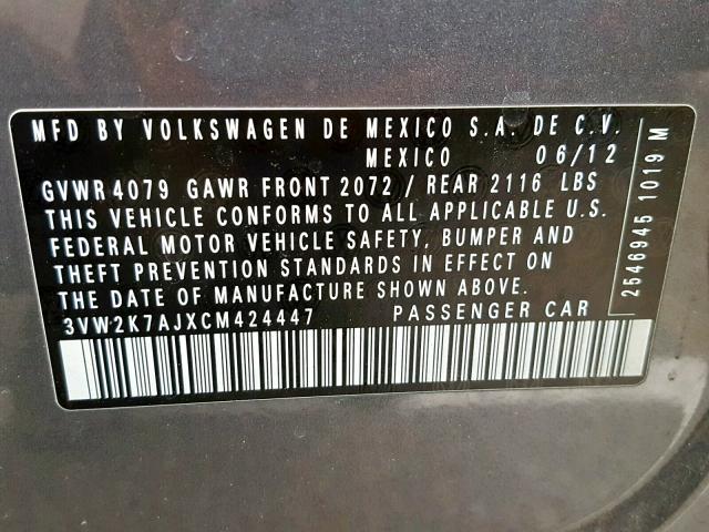 3VW2K7AJXCM424447 - 2012 VOLKSWAGEN JETTA BASE CHARCOAL photo 10