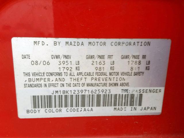 JM1BK123971625923 - 2007 MAZDA 3 S RED photo 10