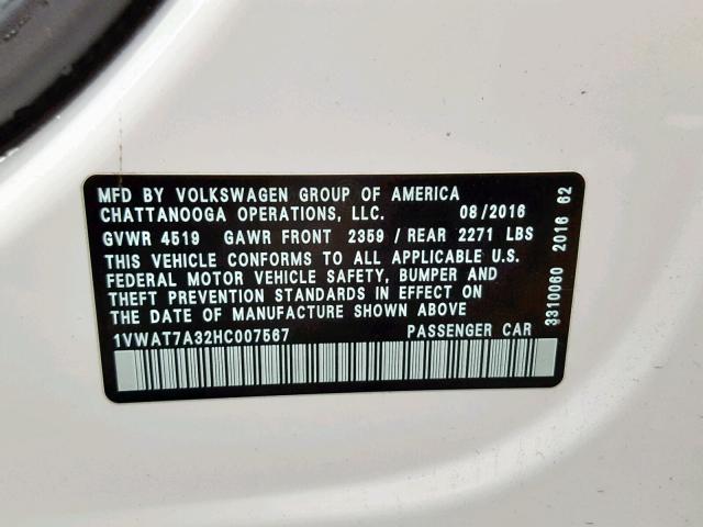 1VWAT7A32HC007567 - 2017 VOLKSWAGEN PASSAT S WHITE photo 10