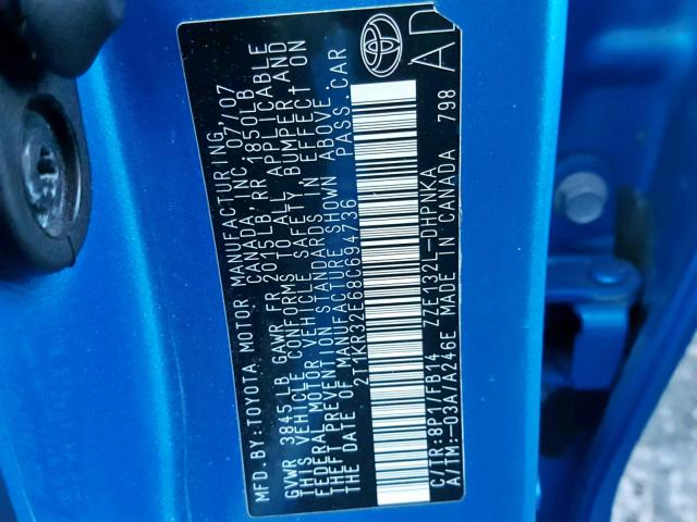 2T1KR32E68C694736 - 2008 TOYOTA COROLLA MA BLUE photo 10