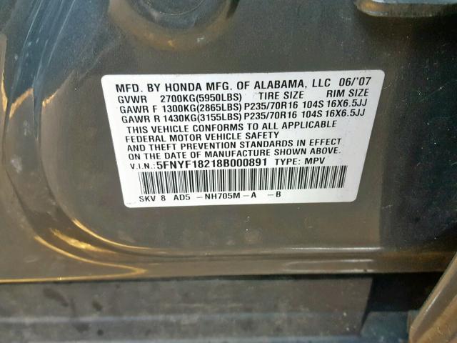 5FNYF18218B000891 - 2008 HONDA PILOT VP GRAY photo 10