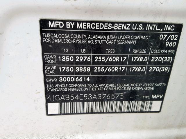 4JGAB54E53A376575 - 2003 MERCEDES-BENZ ML 320 WHITE photo 10