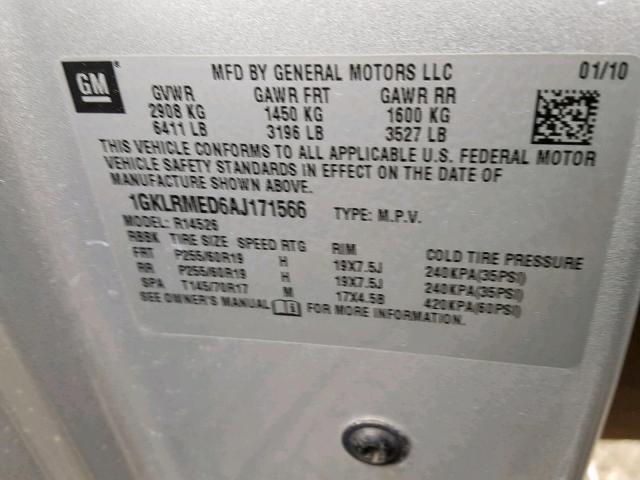 1GKLRMED6AJ171566 - 2010 GMC ACADIA SLT 银色 照片 10