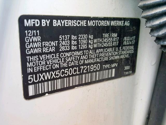 5UXWX5C50CL721950 - 2012 BMW X3 XDRIVE2 WHITE photo 10