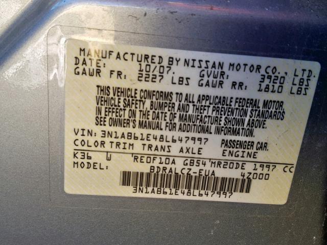 3N1AB61E48L647997 - 2008 NISSAN SENTRA 2.0 GRAY photo 10