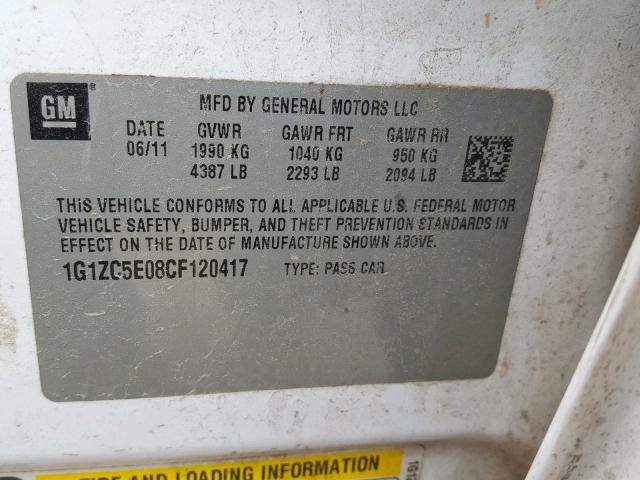 1G1ZC5E08CF120417 - 2012 CHEVROLET MALIBU 1LT WHITE photo 10