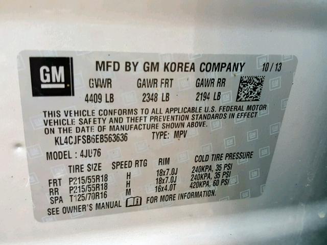 KL4CJFSB6EB563636 - 2014 BUICK ENCORE CON SILVER photo 10