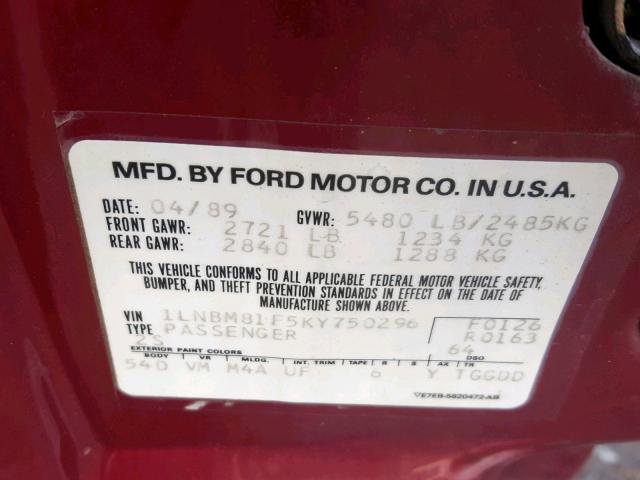 1LNBM81F5KY750296 - 1989 LINCOLN TOWN CAR RED photo 10