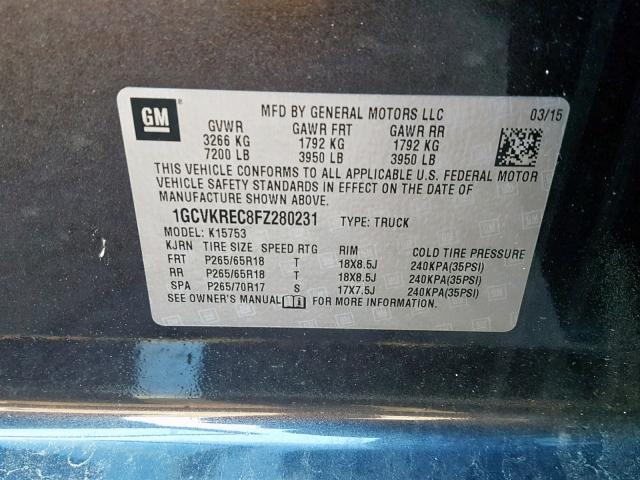 1GCVKREC8FZ280231 - 2015 CHEVROLET SILVERADO CHARCOAL photo 10