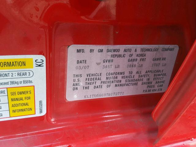 KL1TD56697B172771 - 2007 CHEVROLET AVEO BASE 红色 照片 10